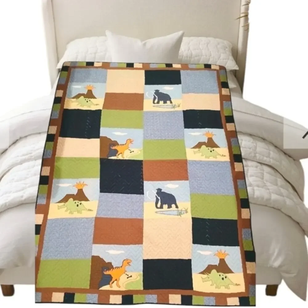 RARE Pottery Barn Dinosaur QUEEN Quilt Blanket Colorful Pop Art Patchwork Vintag